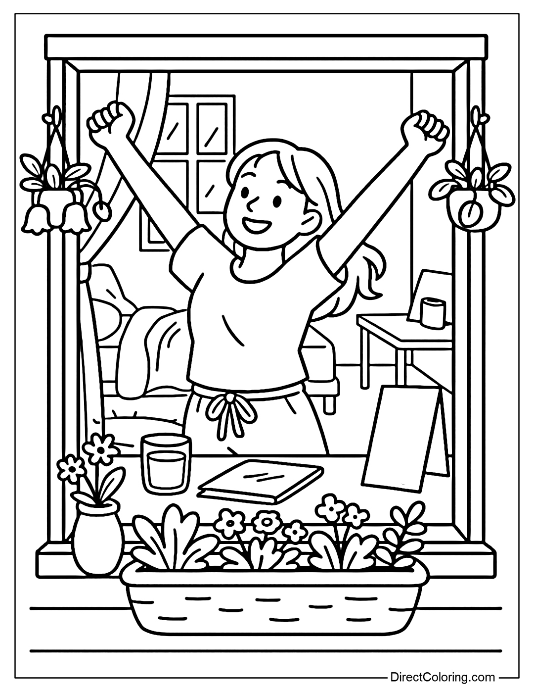 coloring page of a mature girl waking up early, stretching by the window. Outside the window are pots of green plants and small flowers on the windowsill, with flower pots hanging on both sides of the door.
