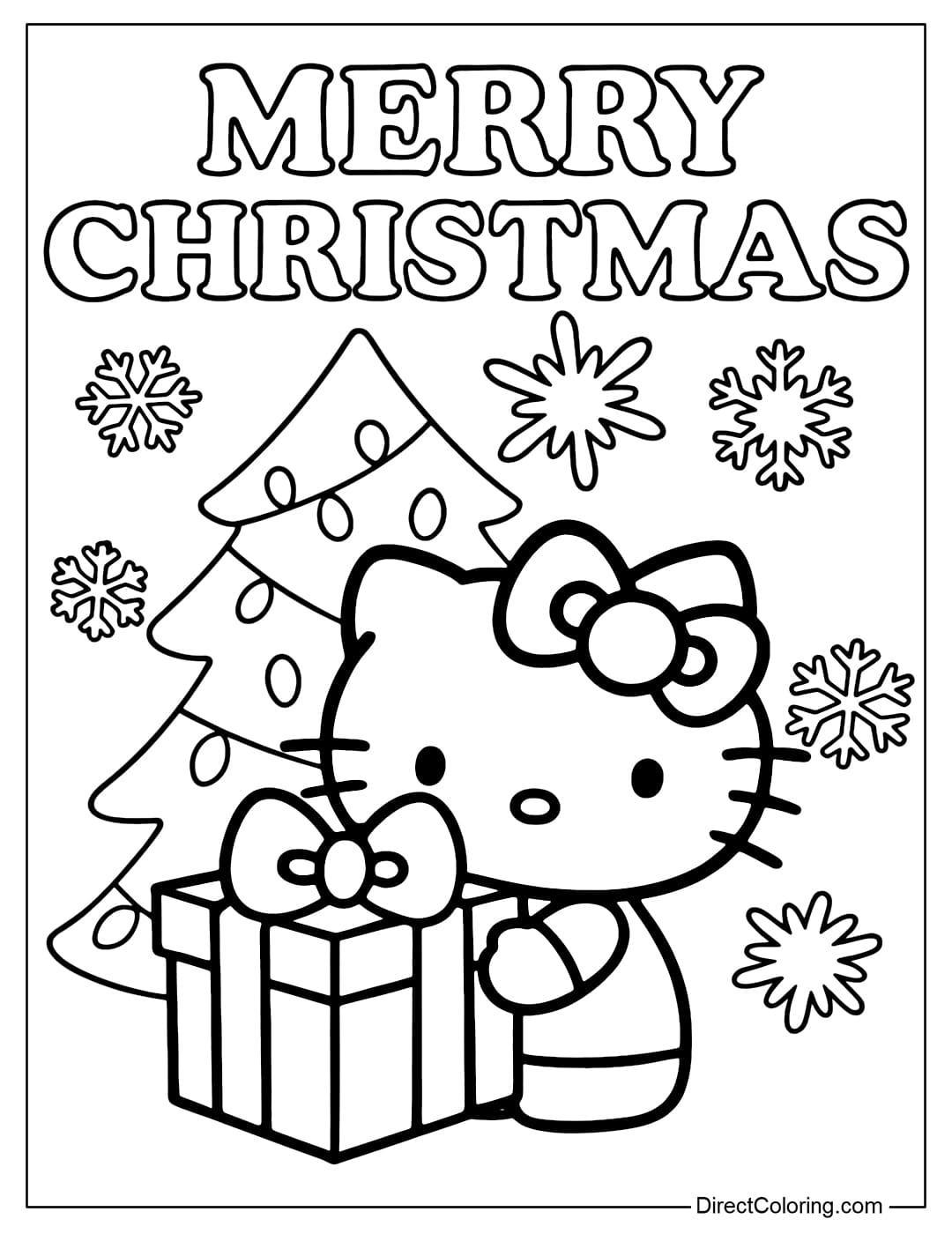 Hello Kitty coloring page holding a giant gift box standing in front of a Christmas tree, with the words Merry Christmas.