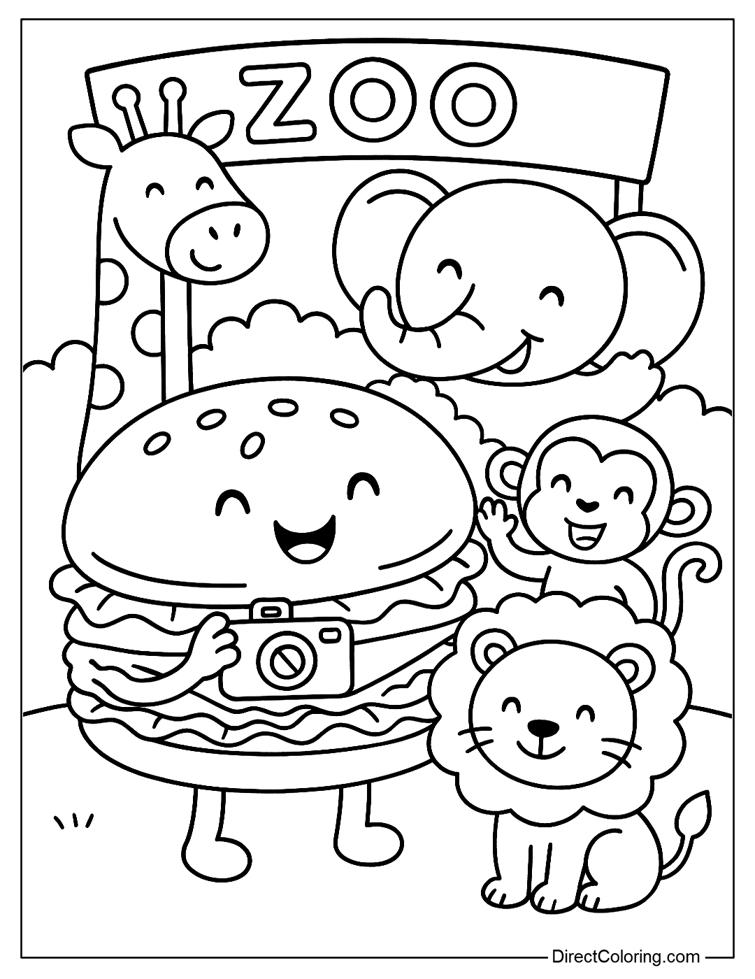 a hamburger coloring page to visit the zoo, take pictures with animals
