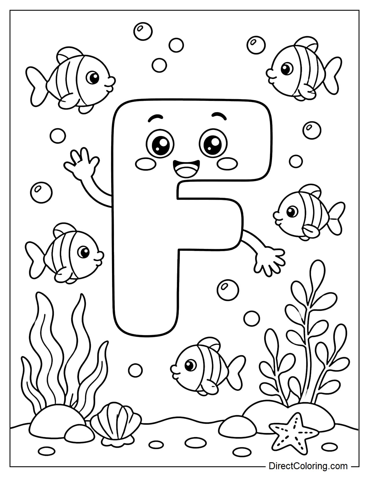 The cheerful letter F is swimming with small fish in the water, surrounded by bubbles and seaweed.