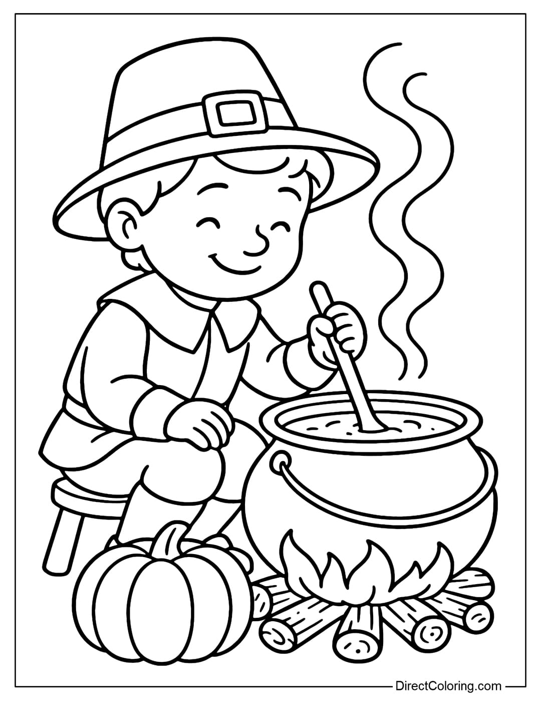 Coloring page of little Pilgrim stirring a pot of pumpkin soup by the fire, his face happy.