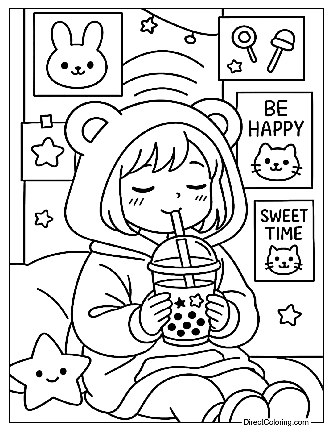 Coloring page for a little boy wearing a cute loose hoodie, holding a cup of milk tea, with a wall poster in the background.