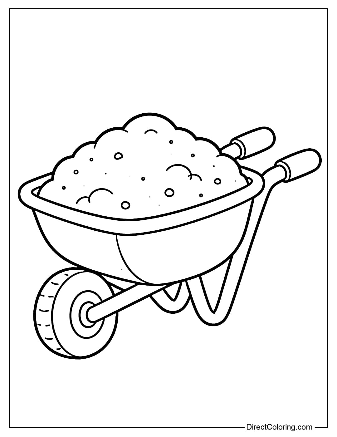 Coloring page of a wheelbarrow carrying soil with large, simple shapes and clearly visible wheels.