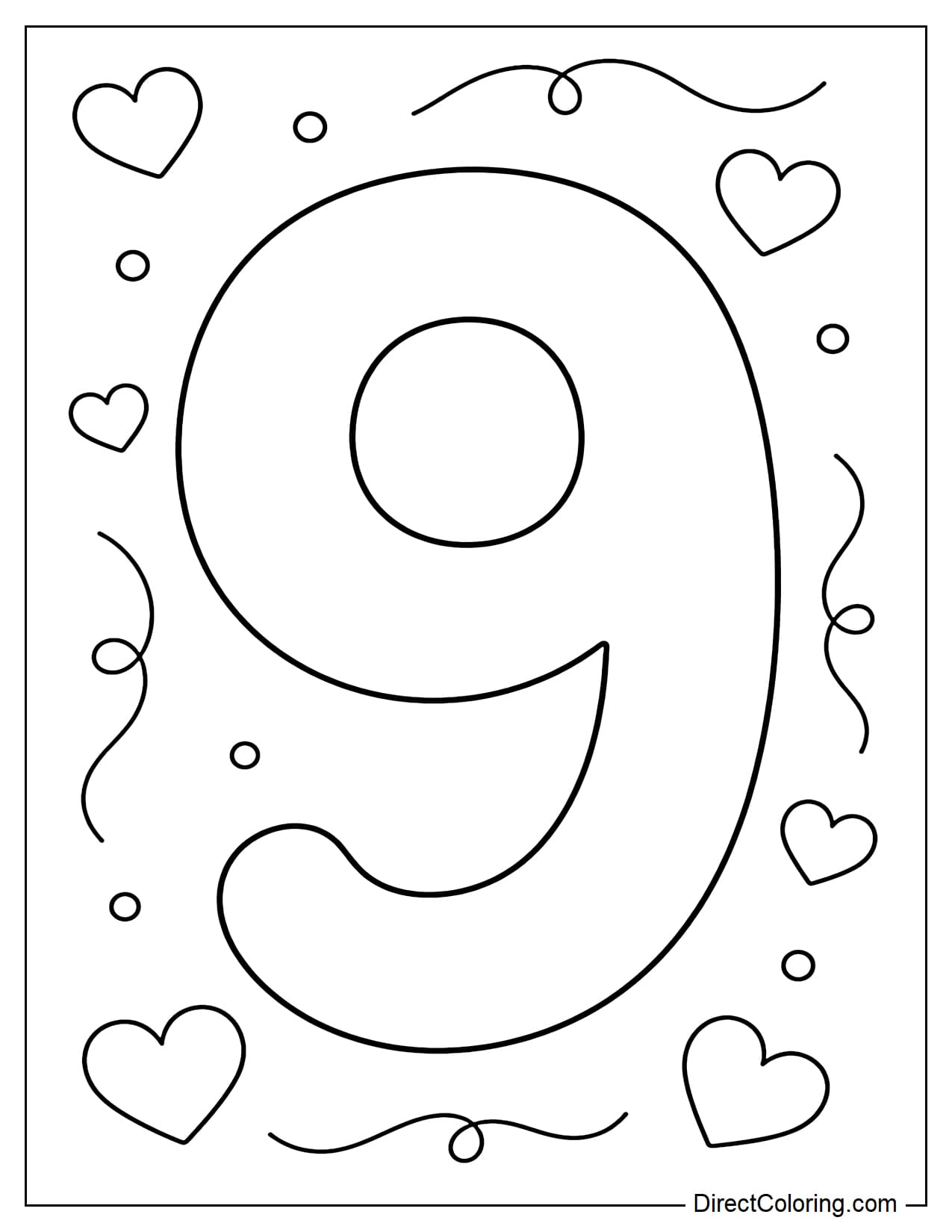 A large, simple number 9, surrounded by a few small hearts and soft curves.