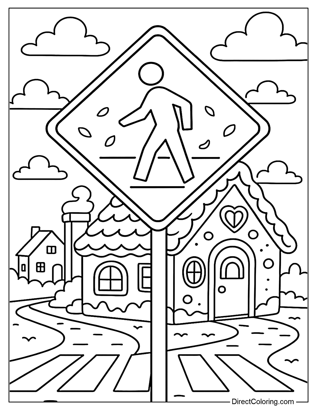 Crosswalk Whimsical Town Coloring Page, set in a fairy tale town with a cake house.