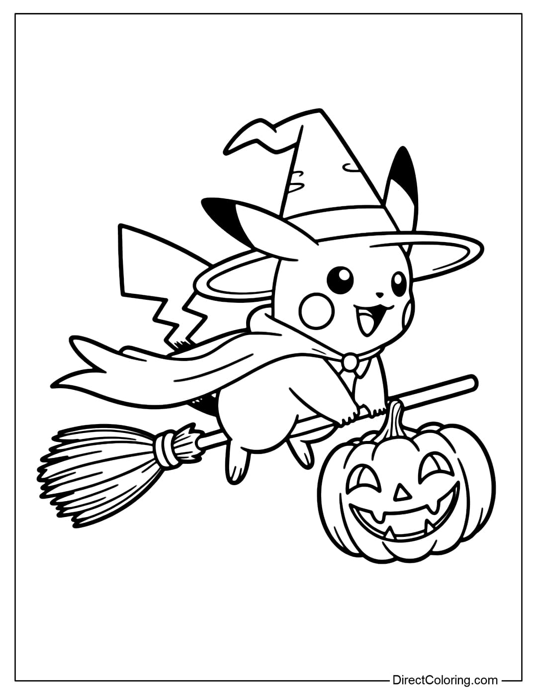 Pikachu coloring page in a tall witch hat, wearing a black cloak and holding a broom flying next to a pumpkin.