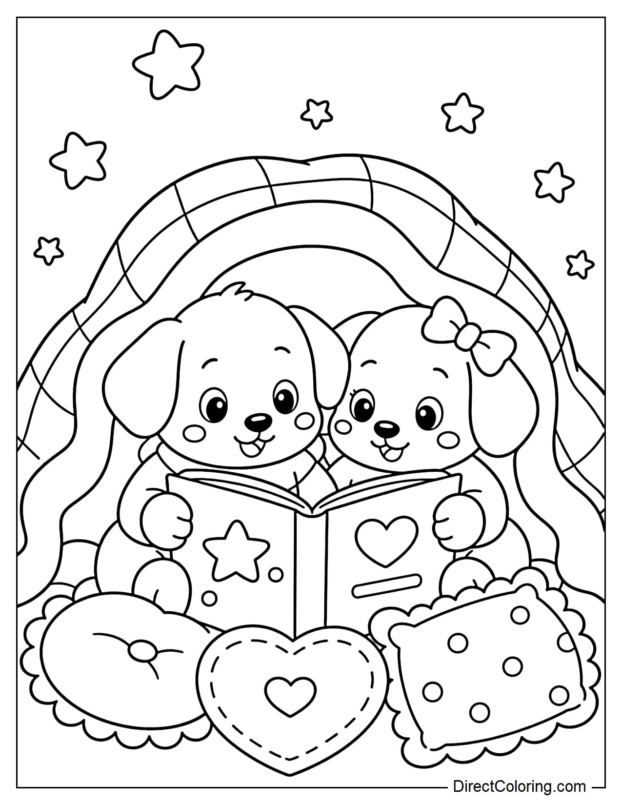 Two puppies are sitting together under a large blanket and reading books, surrounded by small stars and a soft pillow.