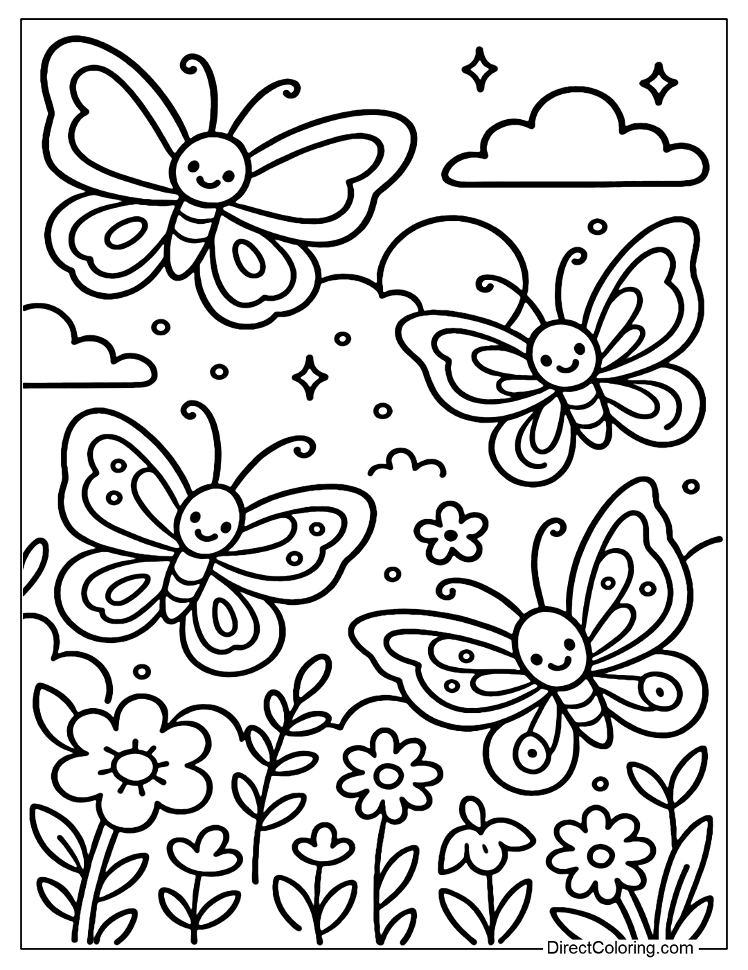 The butterfly garden coloring page at dusk, the butterfly has a sparkling pattern, a few firefly lights in the cozy atmosphere.