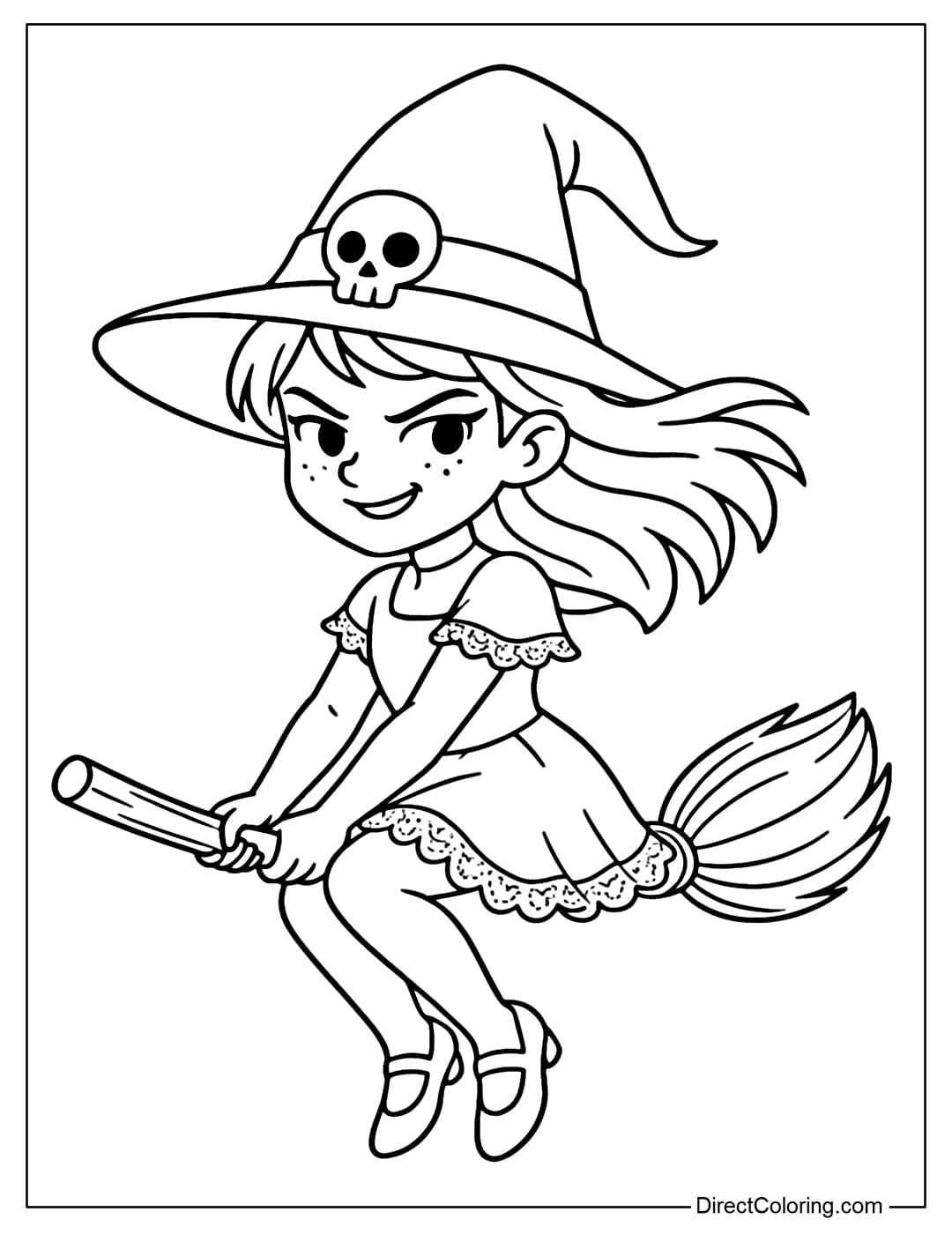 Cool Witch Coloring Page Sitting on a Broomstick, Wearing a Giant Skull Hat