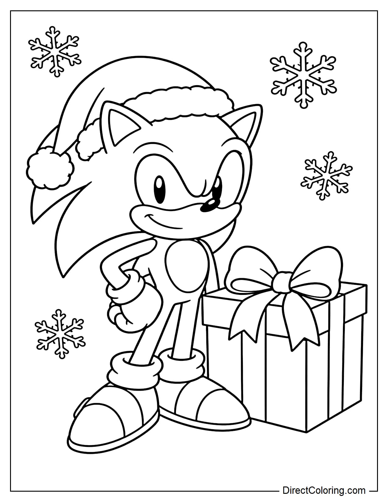 Sonic is wearing a Santa hat, standing next to a large gift box, surrounded by snowflakes.