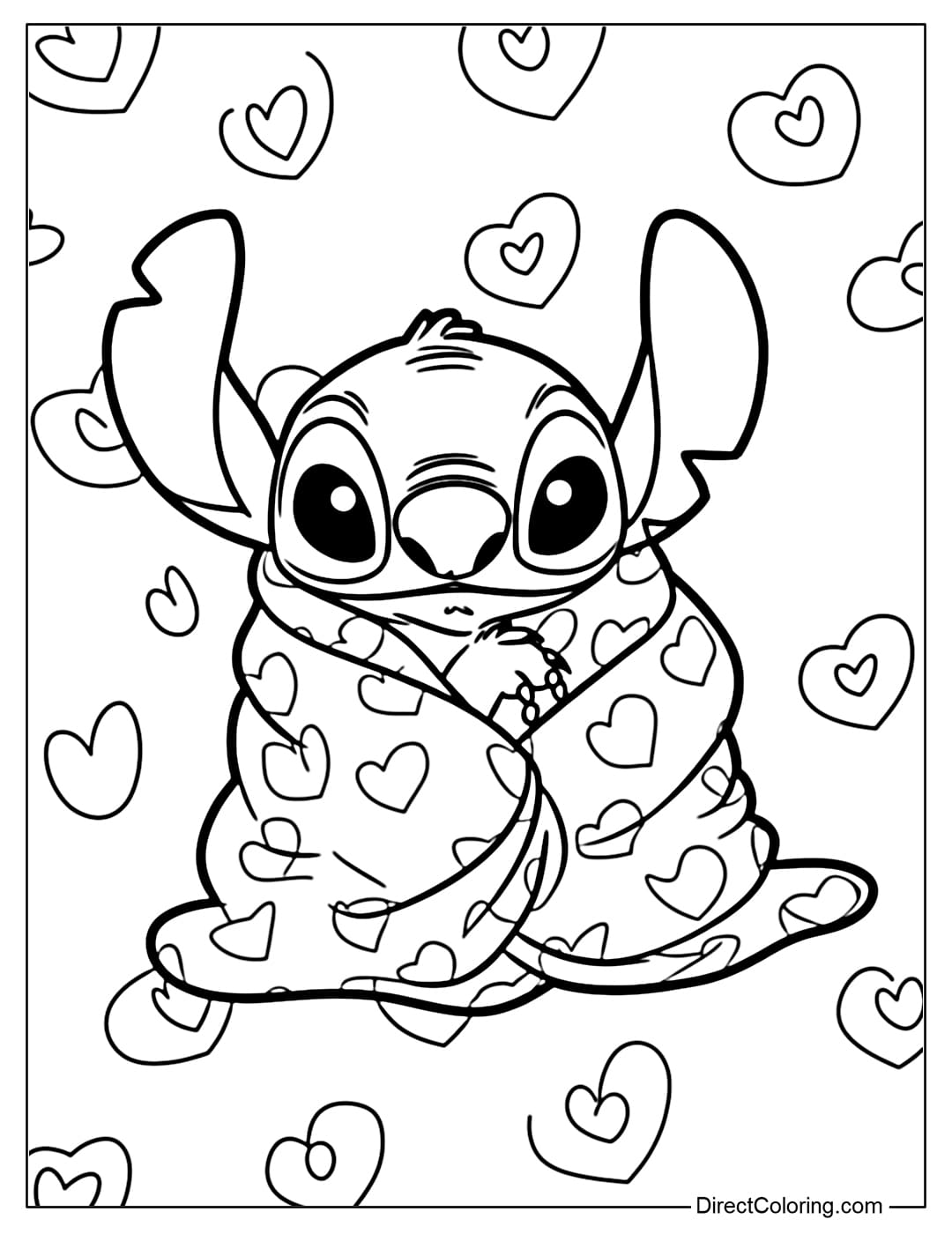 This coloring page shows Stitch curled up in a large heart-patterned blanket, only his face and ears visible.