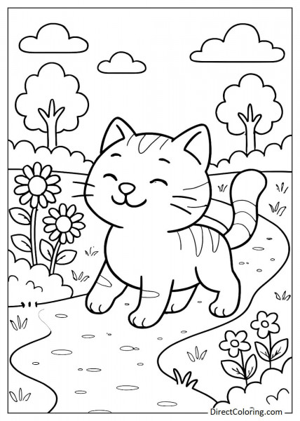 Cat walking on a garden path coloring page