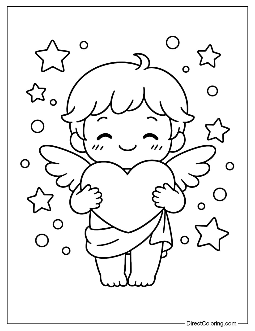 A coloring page of a cute Cupid holding a large heart in his arms. Surrounding it are stars and dots.