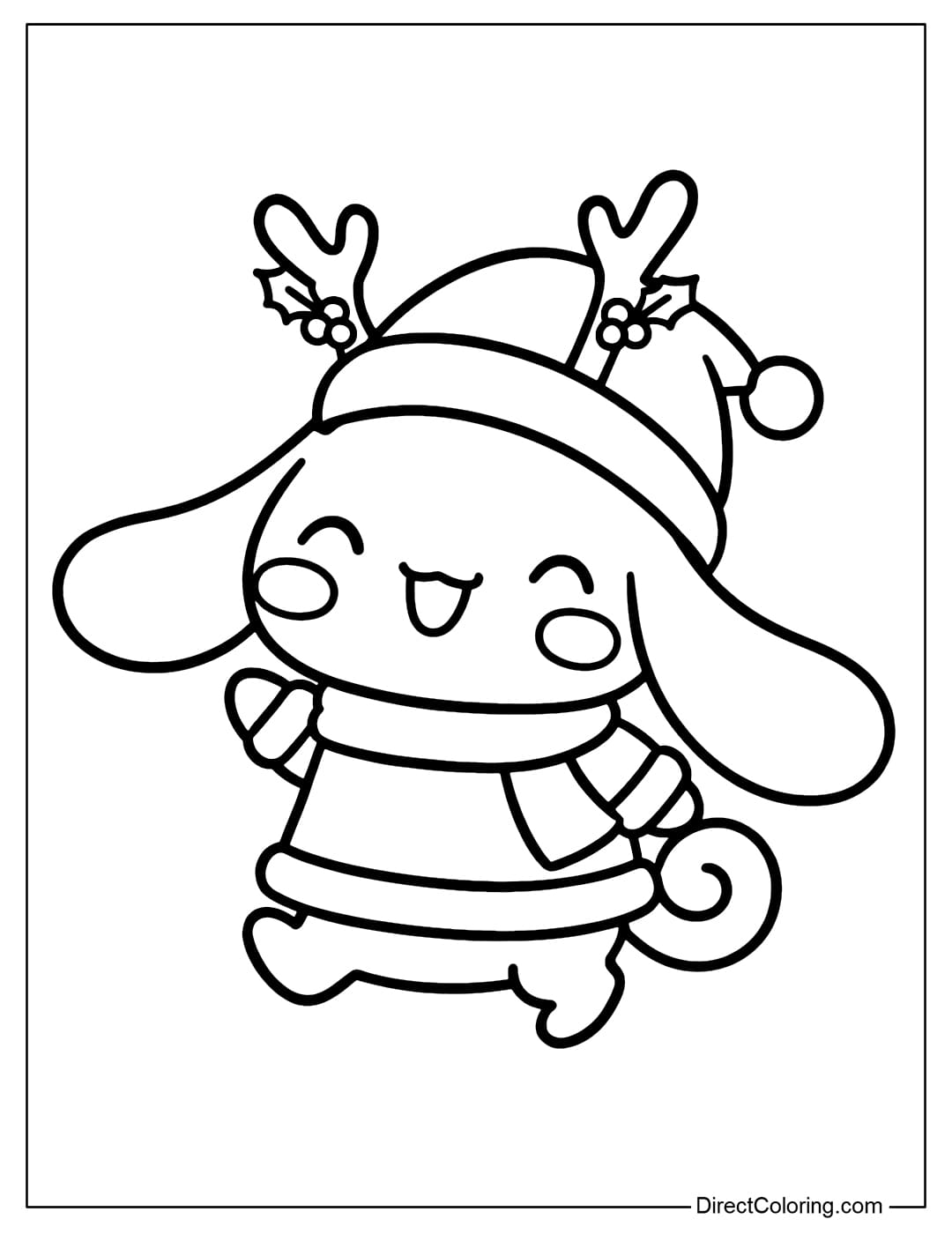 Cinamoroll coloring page wearing a Santa hat with two cute reindeer antlers, wearing a warm scarf, and walking happily.