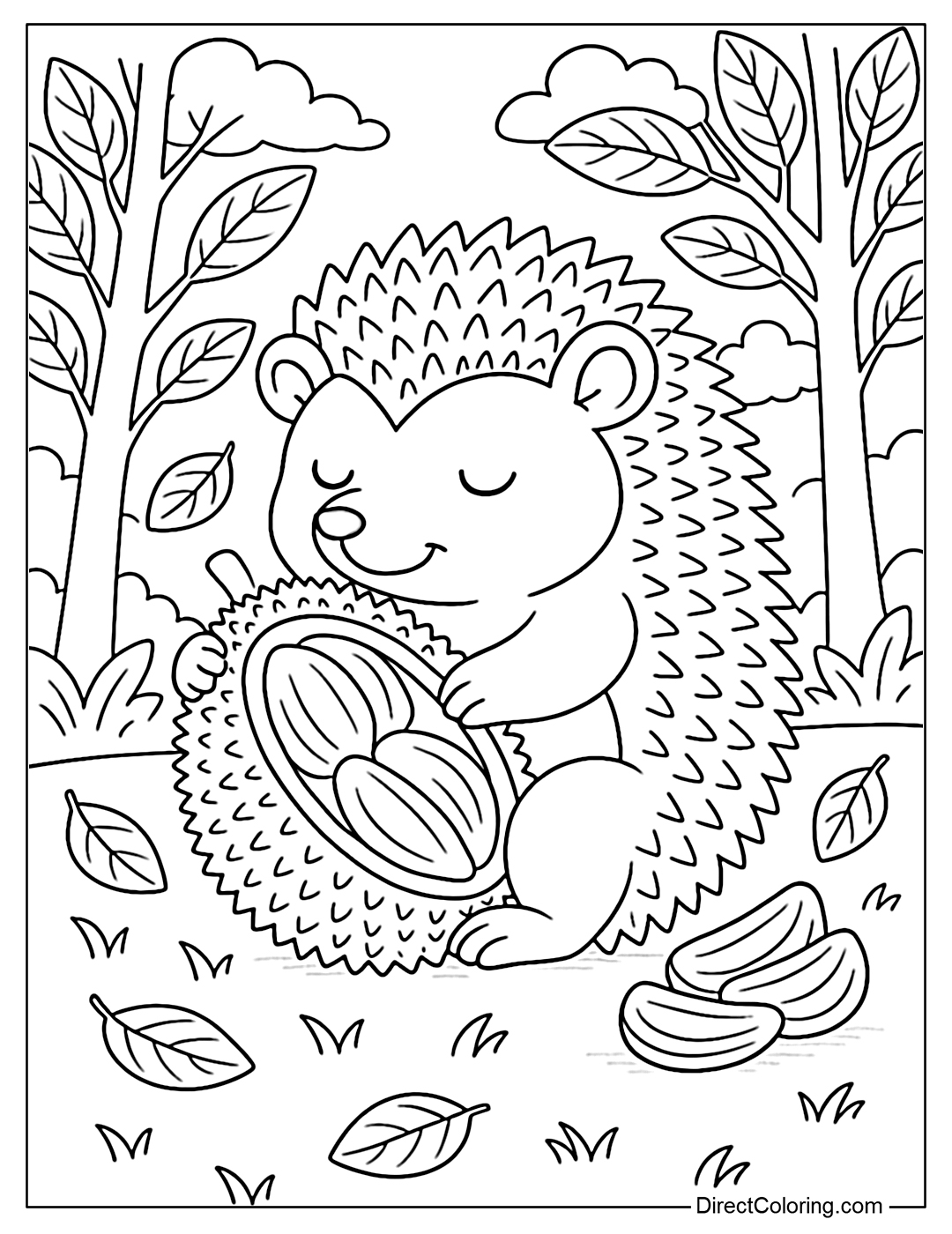A small hedgehog with a layer of thorns shaped like a jackfruit shell with sharp, round thorns. The hedgehog's belly is a soft, golden jackfruit segment.