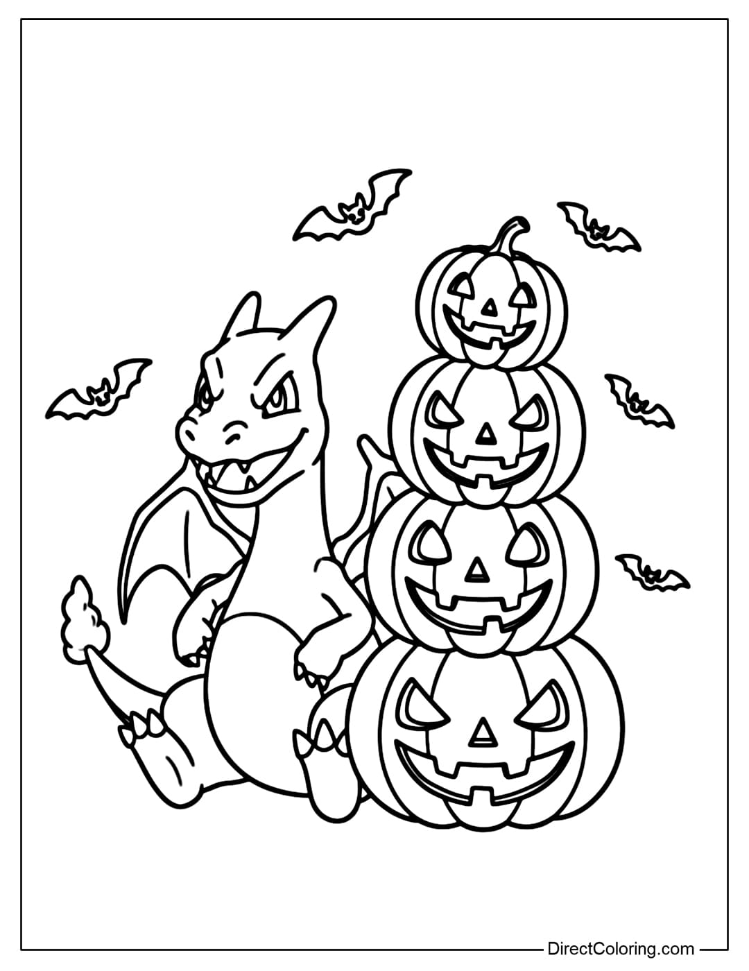Charizard Coloring Page sits next to a three-story tower of pumpkins, each with a different face.