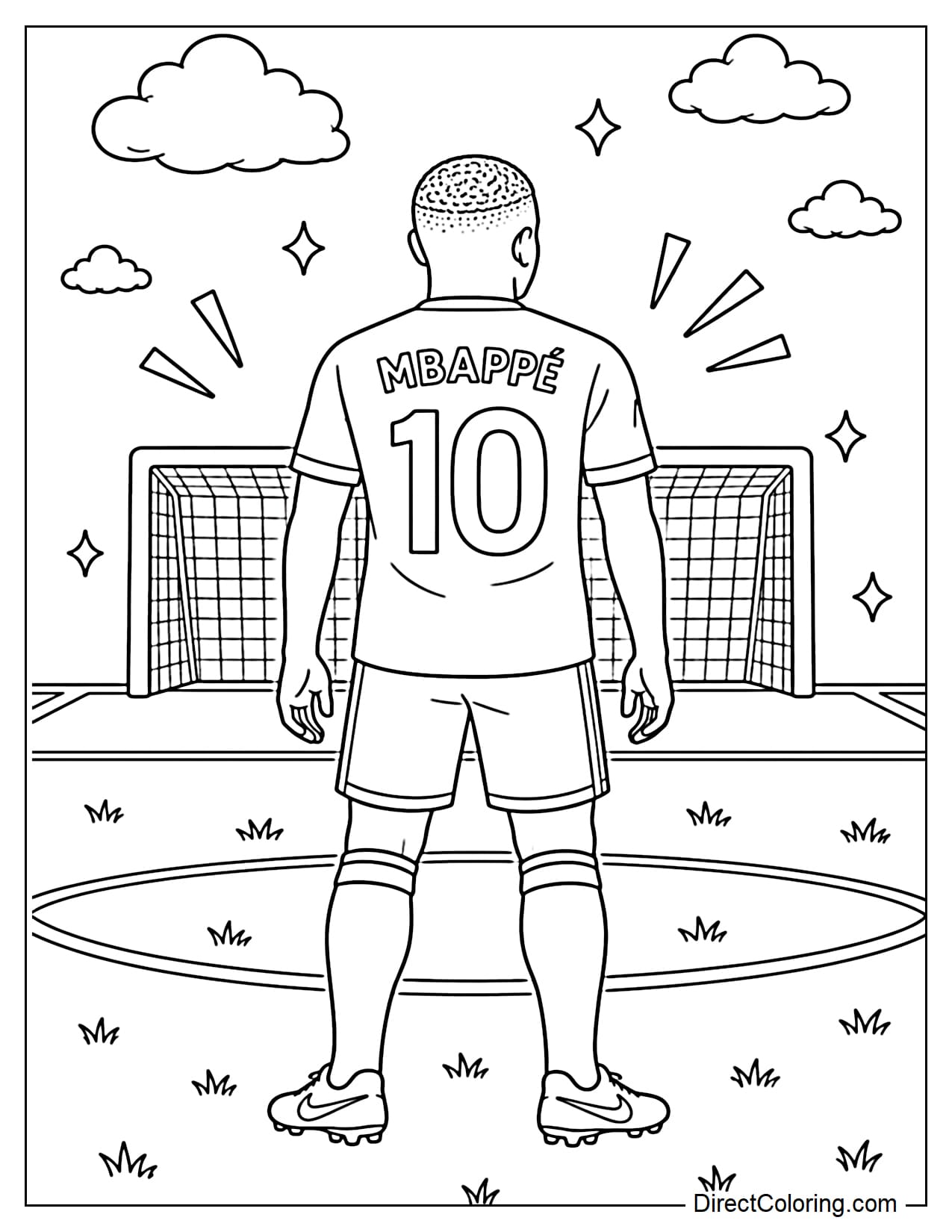 Kylian Mbappé, viewed from behind, is standing on the grass with a large number 10 jersey on his back, his arms hanging naturally, and a goalpost in front of him.