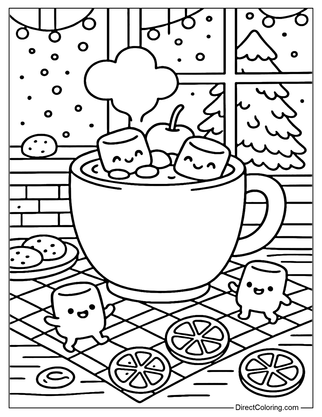 Coloring page of a large cup of hot chocolate placed on a wooden table, surrounded by cute little marshmallows playing.