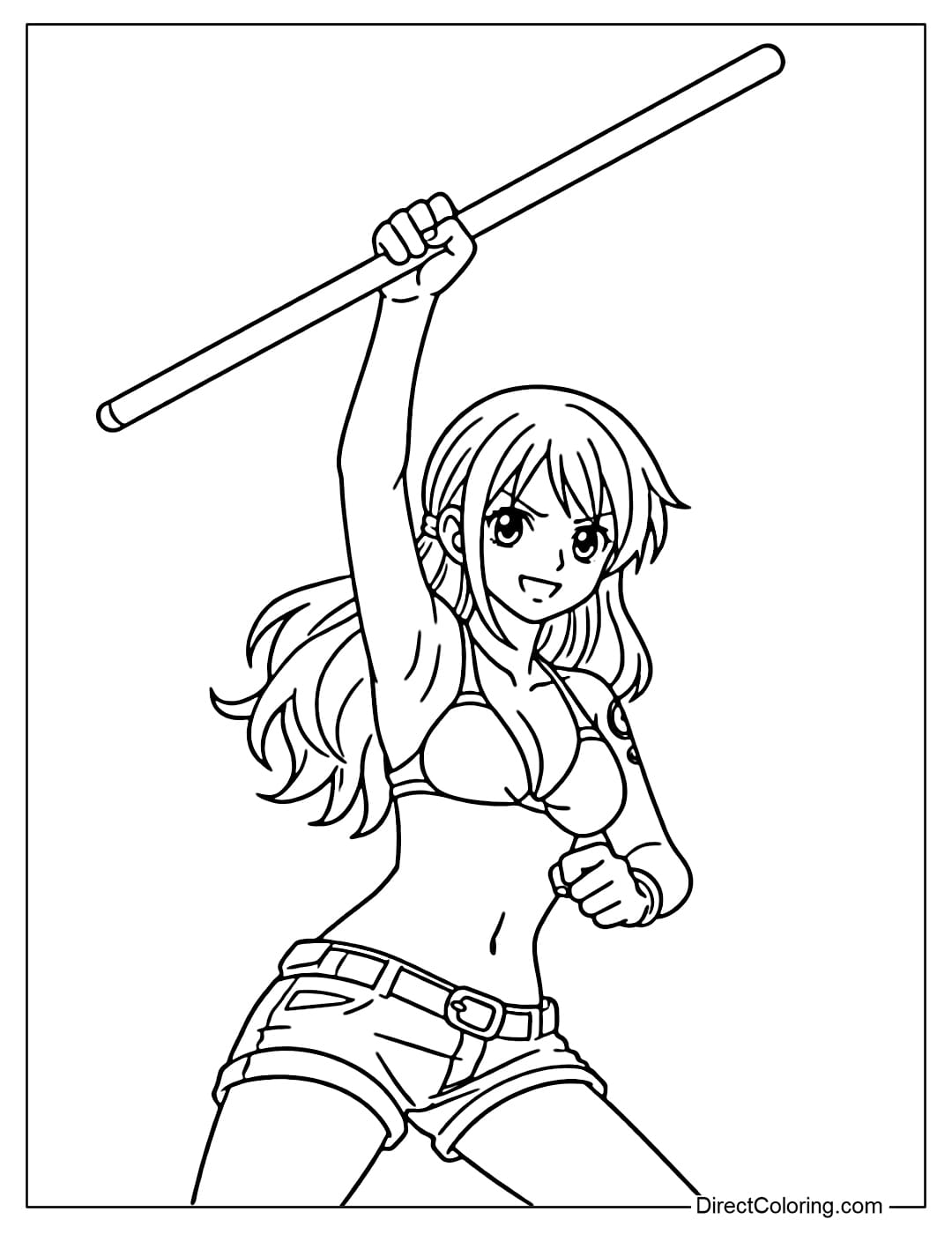 Nami is holding a stick in a simple pose, making it easy to color.