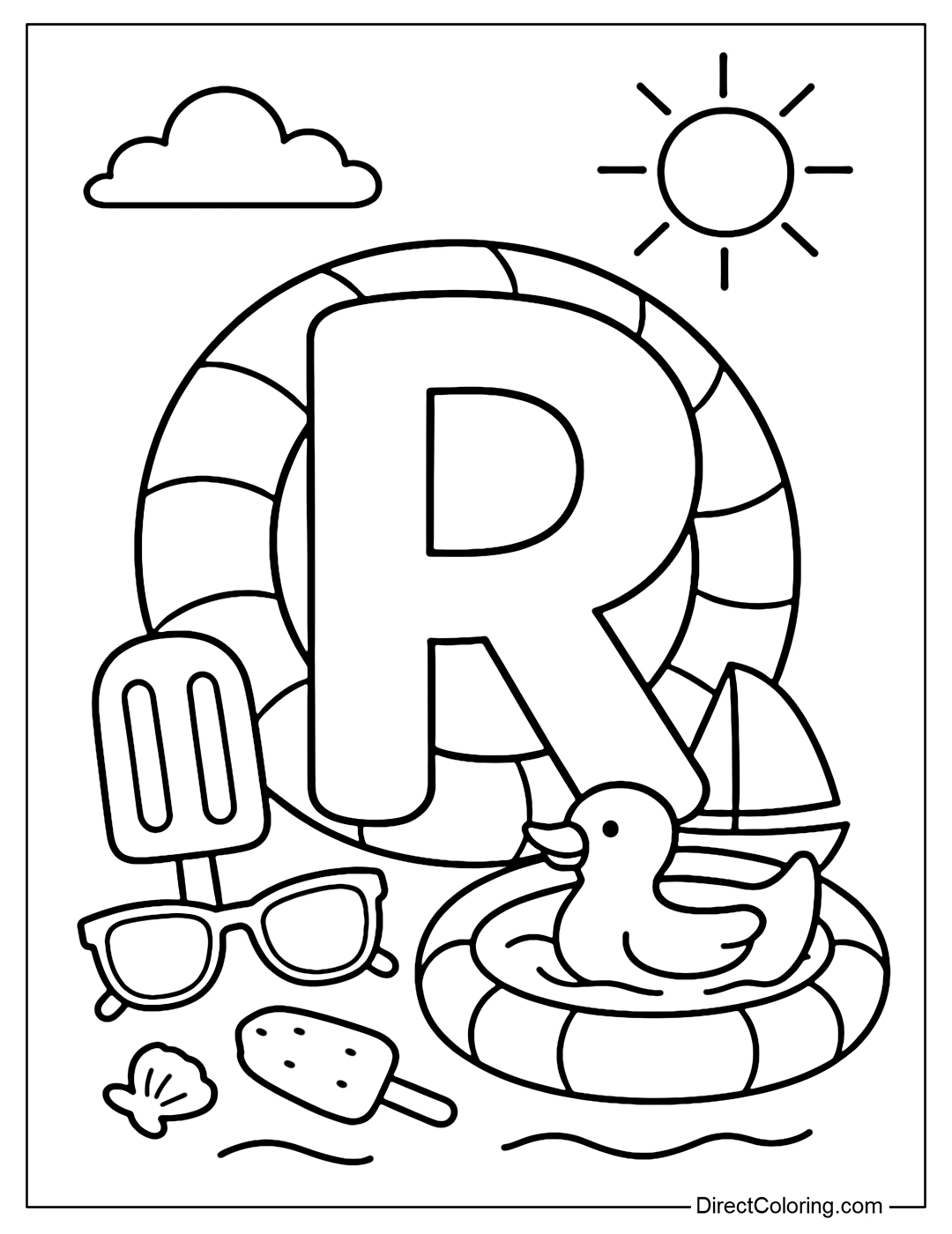 Letter R coloring page with a rainbow float around, with popsicles, sunglasses, and a duck floating in a small pond next to it. The background is a blue sky with soft sunlight.