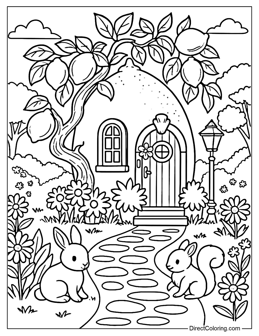 A lemon-shaped house coloring page, a round, plump house body, an arched wooden door, lovely curved windows. Lemon trees grow around the house with hanging lemons and fresh green leaves.