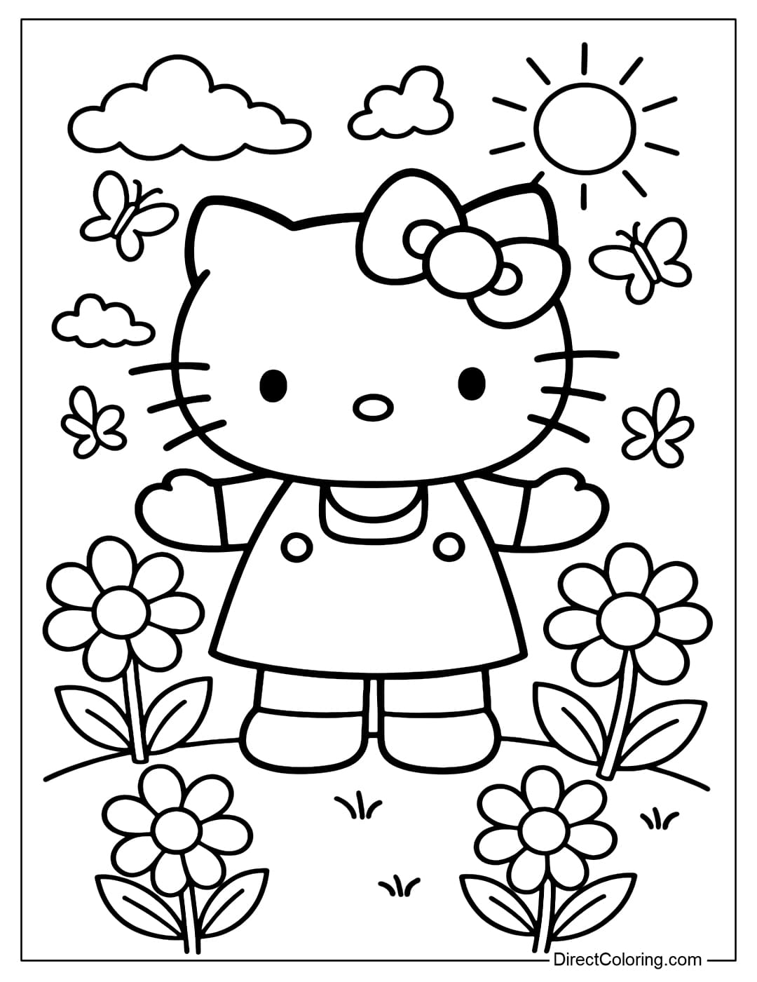 Cute Hello Kitty coloring page in the spring garden.