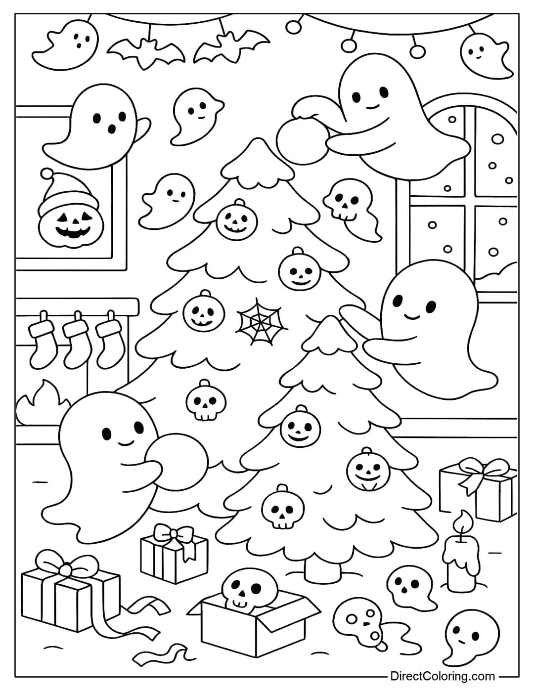 A coloring page of many little ghosts hanging things on the Christmas tree, surrounded by gifts, boxes opening with decorations, and twinkling stars.