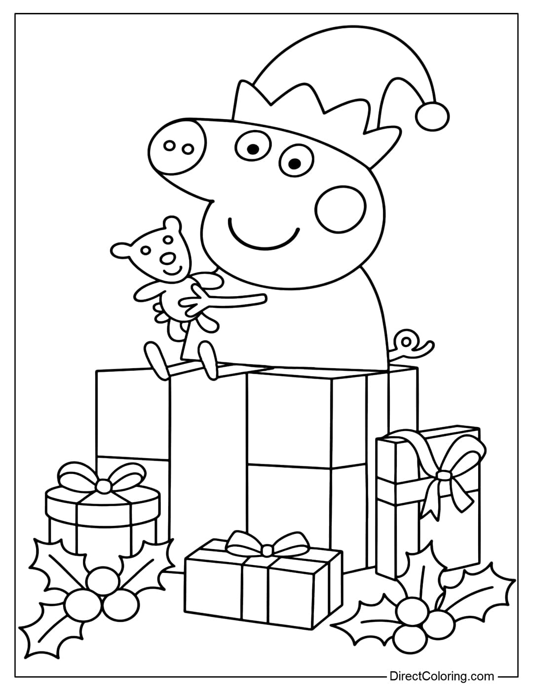 Coloring page Peppa Pig wearing an elf hat, sitting on a Christmas gift box, holding a small teddy bear, surrounded by many gift boxes, a few holly leaves.