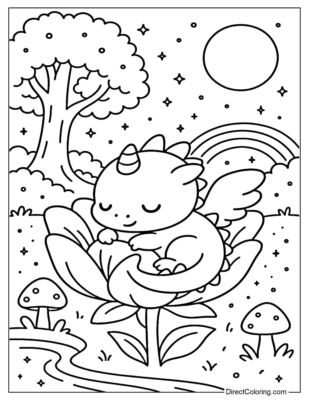 A coloring page of a cute baby dragon sleeping curled up in a big flower.