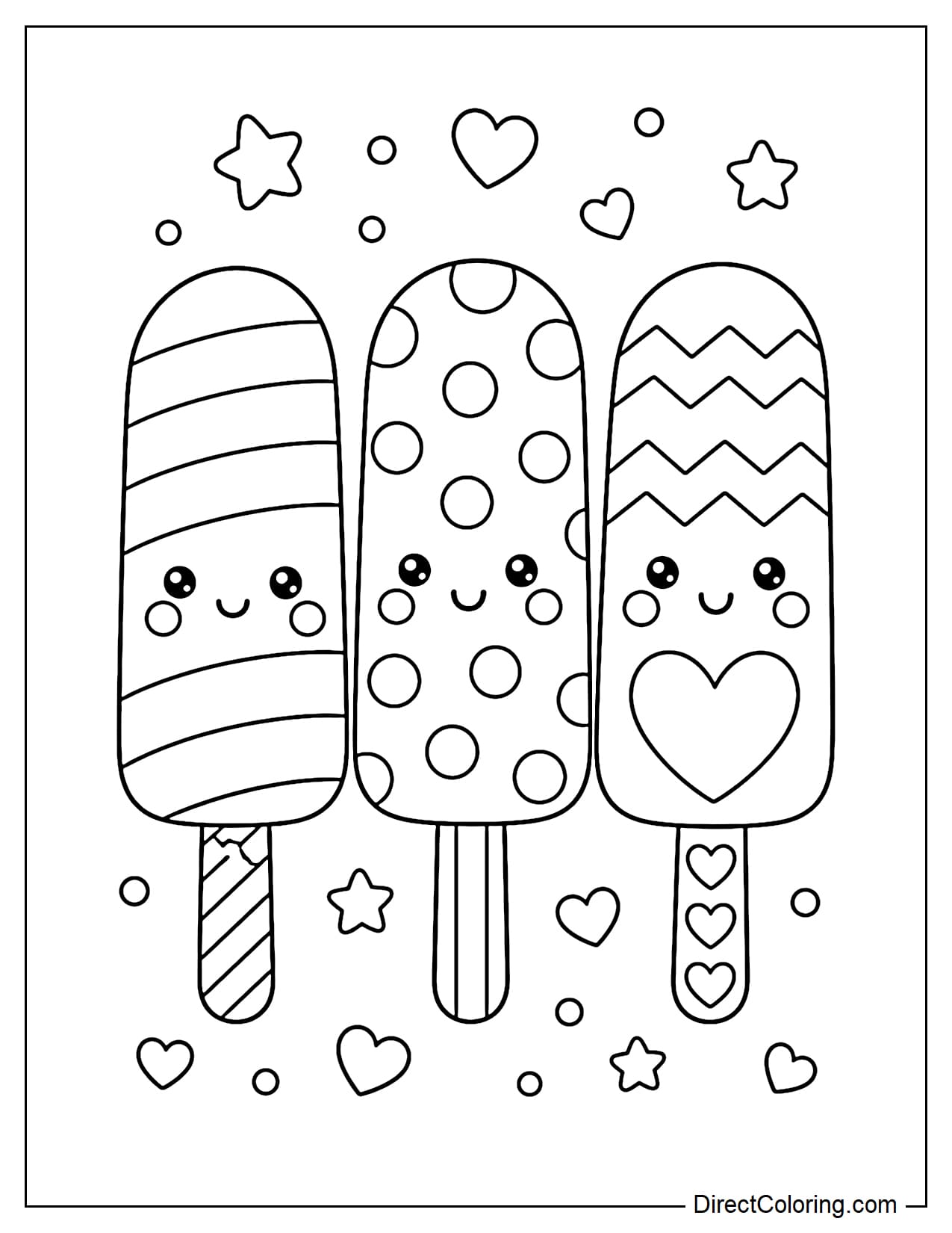 A trio of ice cream popsicles with different patterns such as stripes, polka dots, zigzags, and large hearts.