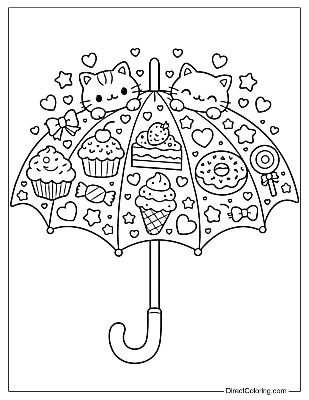 A coloring page of an umbrella decorated with cute kawaii patterns of cakes, cats, hearts, and stars.