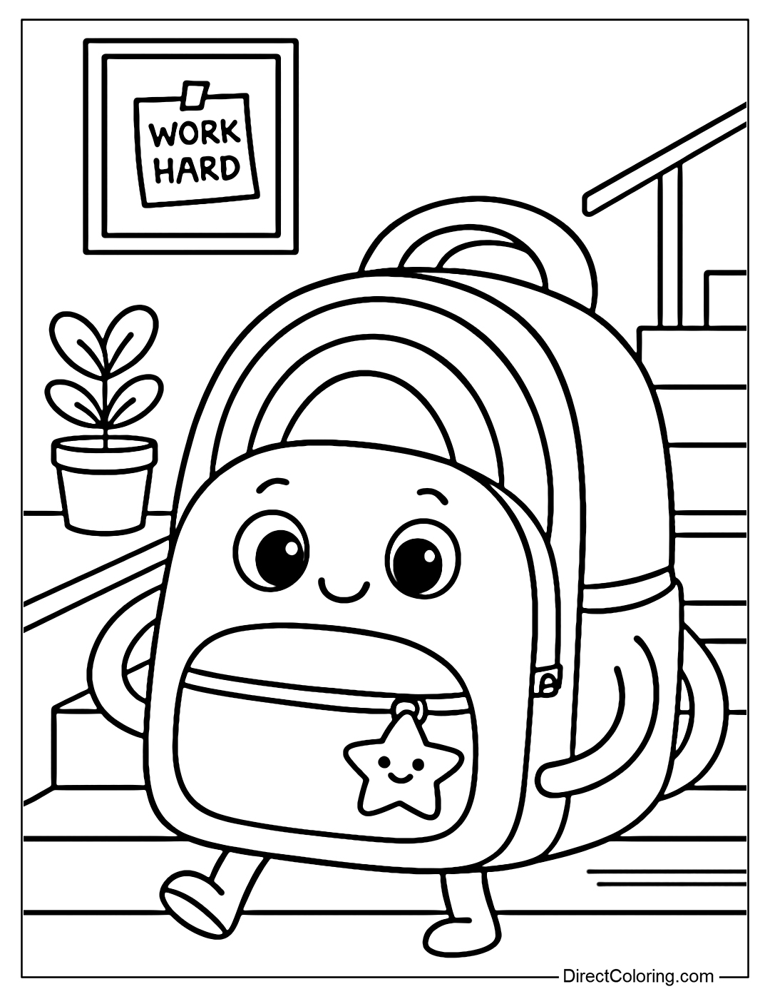 Coloring page of a backpack with a rainbow winding around it, a star zipper, a classroom staircase with a heart-shaped potted plant, and a motivational note board in the background.