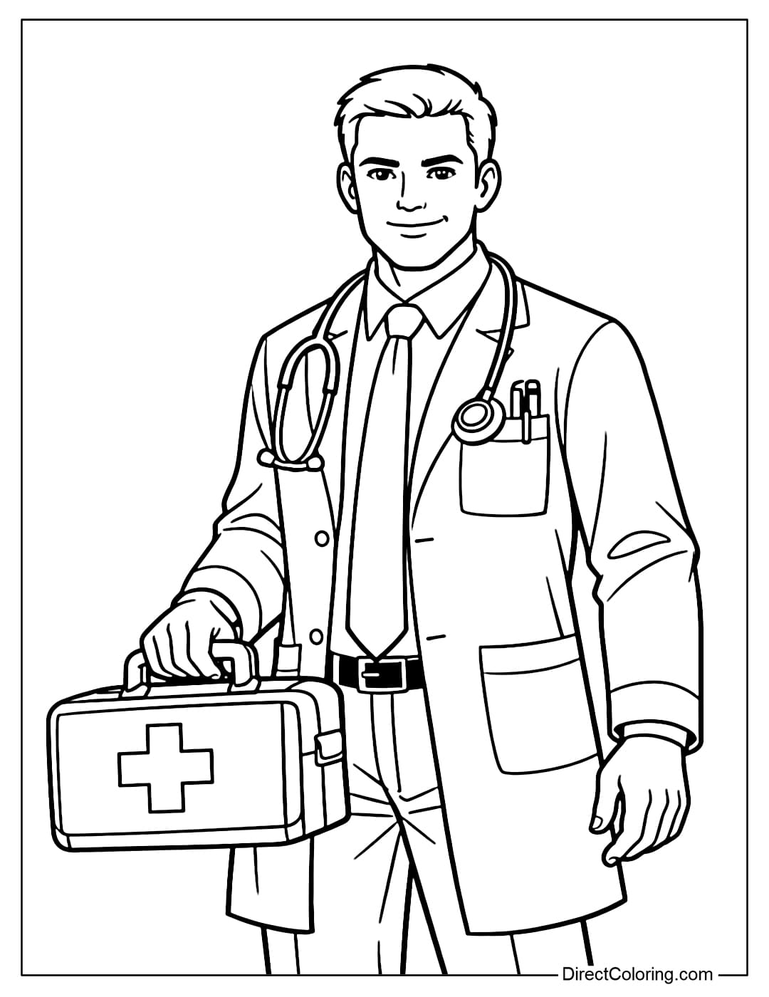 A coloring page of a male doctor with short hair, a confident expression, holding a medical bag in one hand and the other hand relaxed.