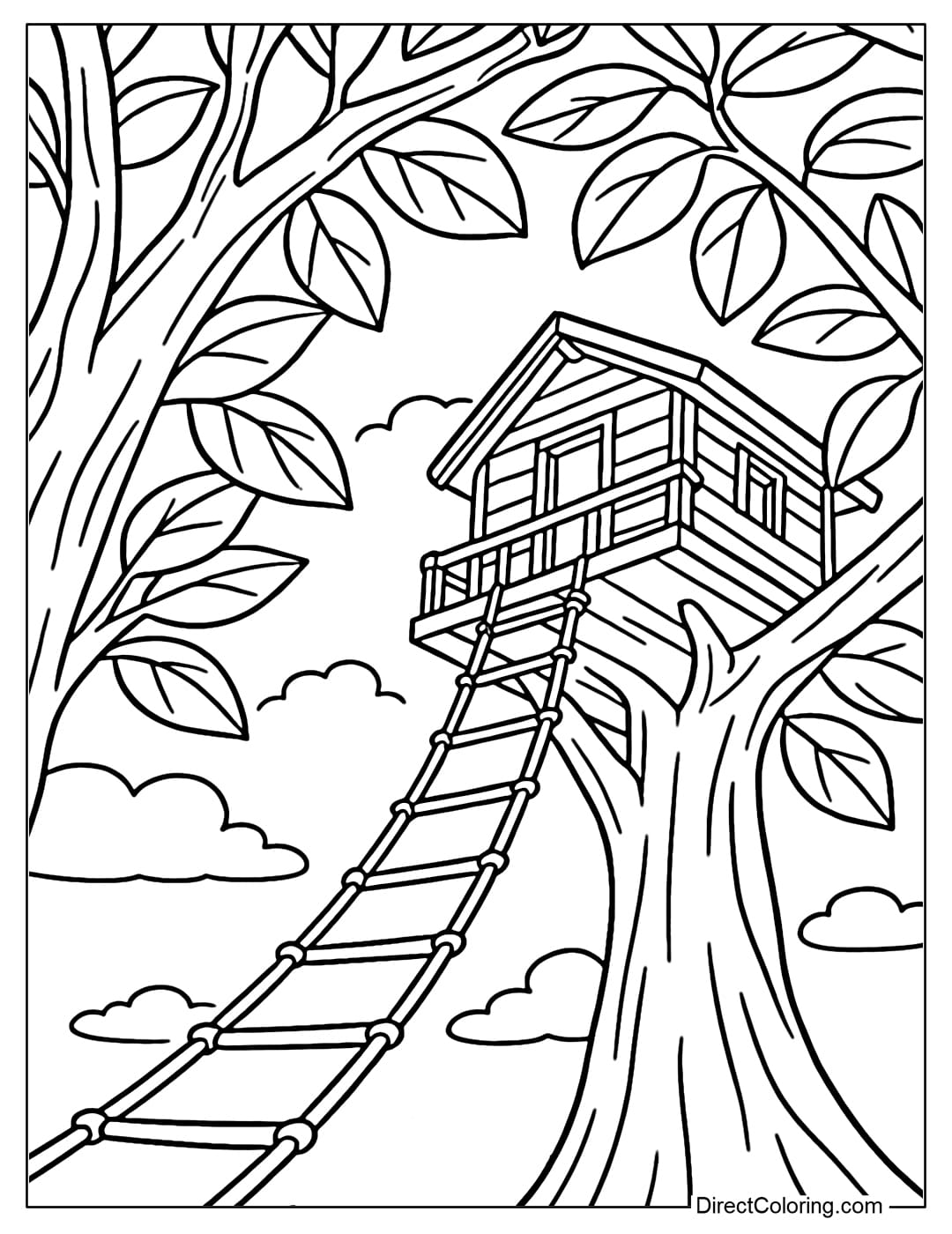 Coloring page from the bottom up of a small wooden house on a tree, a rope ladder, large branches and leaves clearly visible near the eye.