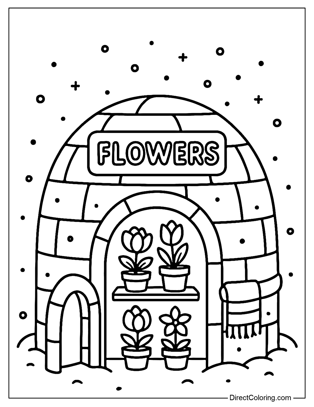 Flower shop coloring page in an igloo, glass flowers, light snowfall, scarf hanging on the door