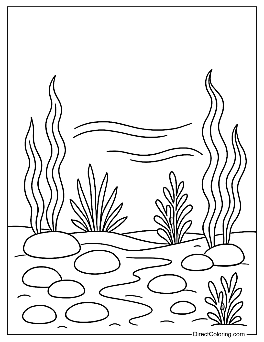 Sea garden coloring page with round pebbles, soft seaweed, and gentle water currents.