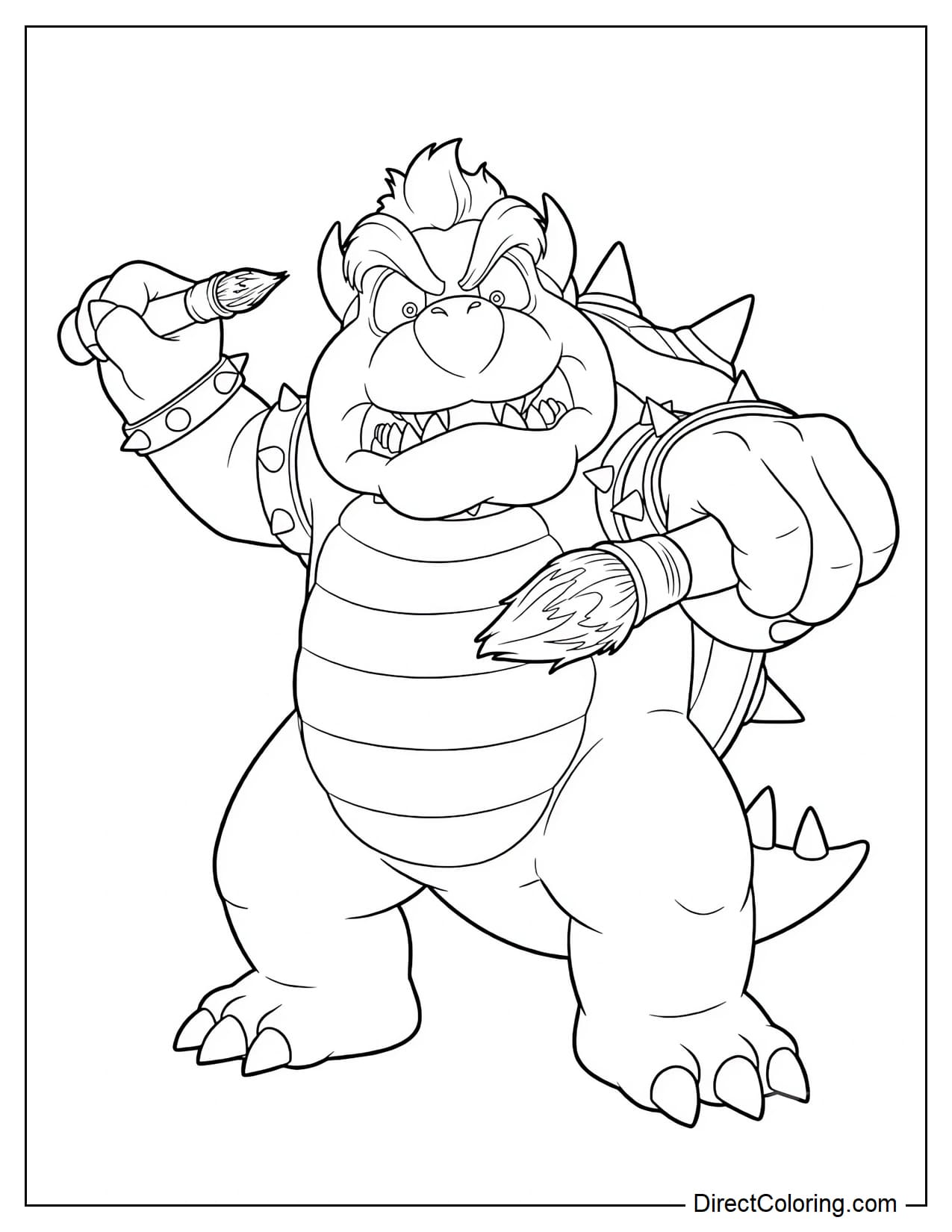 Bowser holds two paintbrushes, one in each hand, with an extremely angry and determined expression on his face.