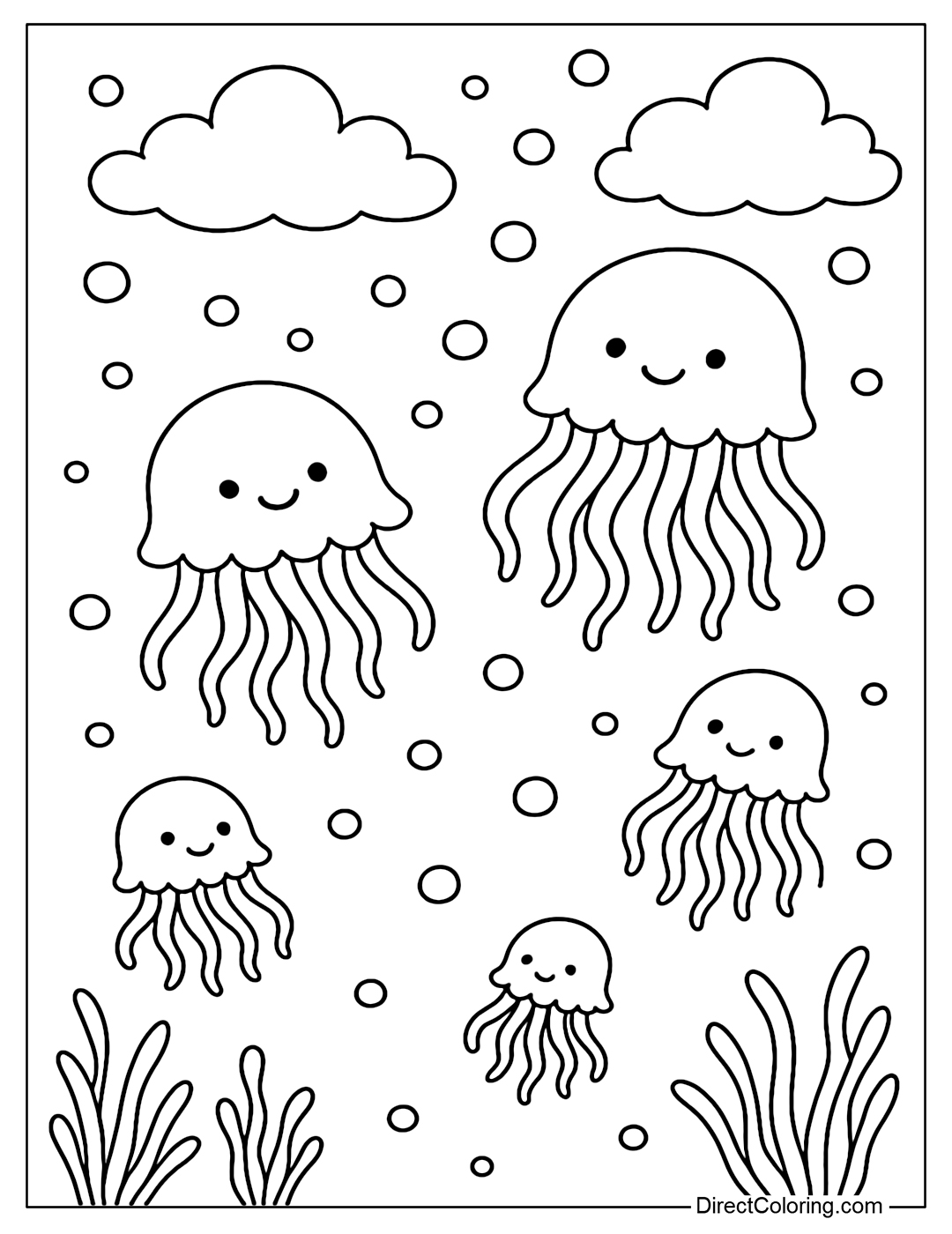 A coloring page of a group of small jellyfish flying around like a parade, with a cloud of bubbles above.