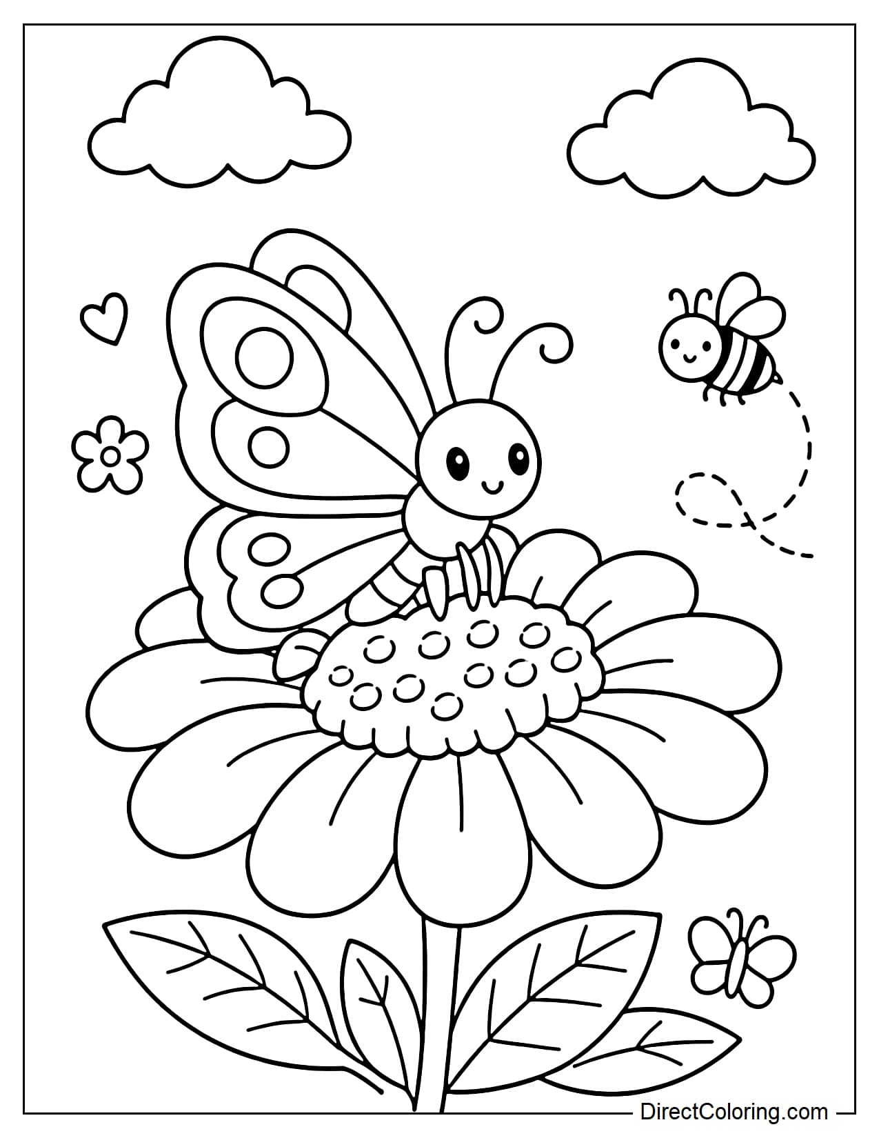 A butterfly perched on a large flower, simple details, easy to color.