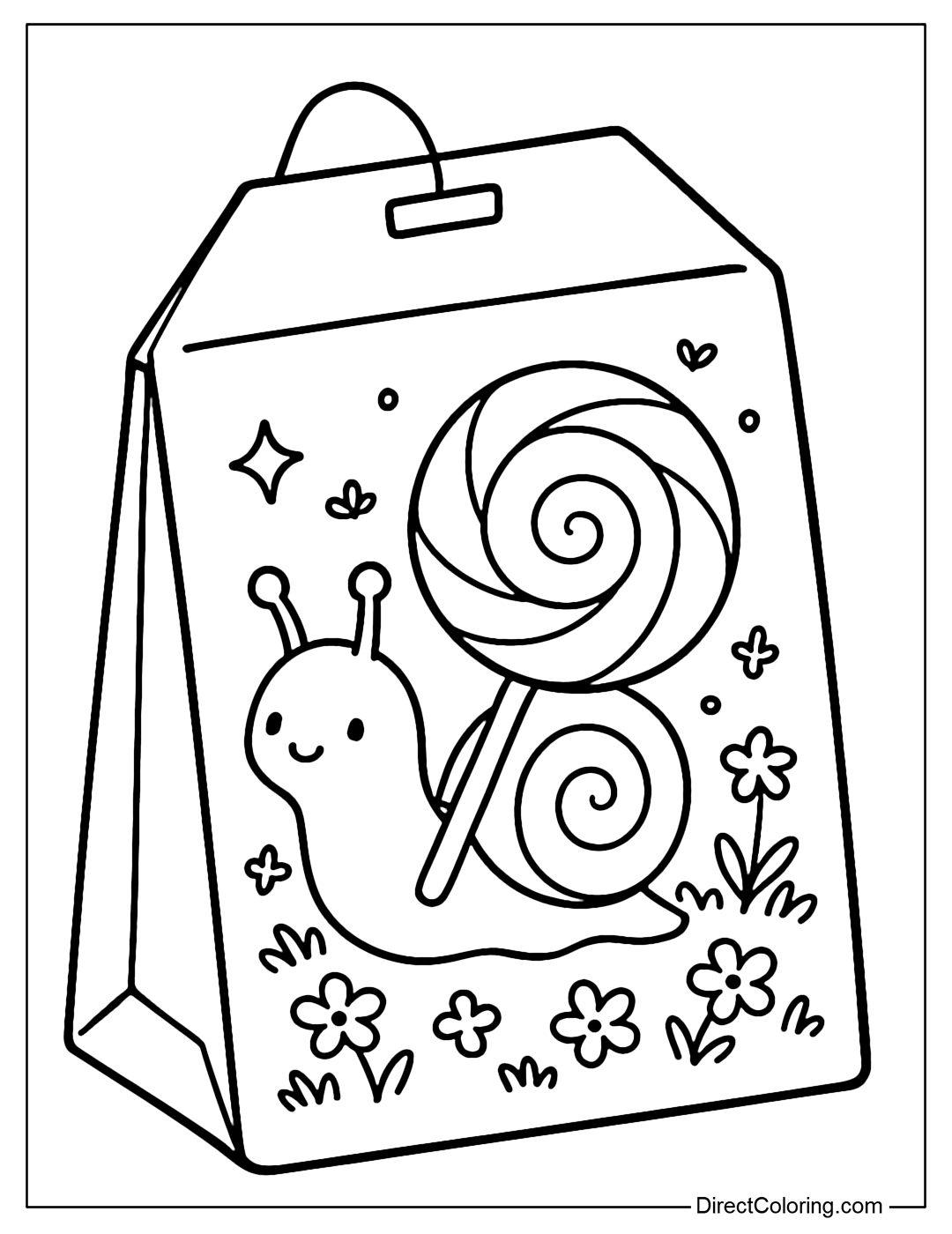 A tea bag coloring page with a lollipop snail, crawling on a grassy background with small flowers blooming around it.