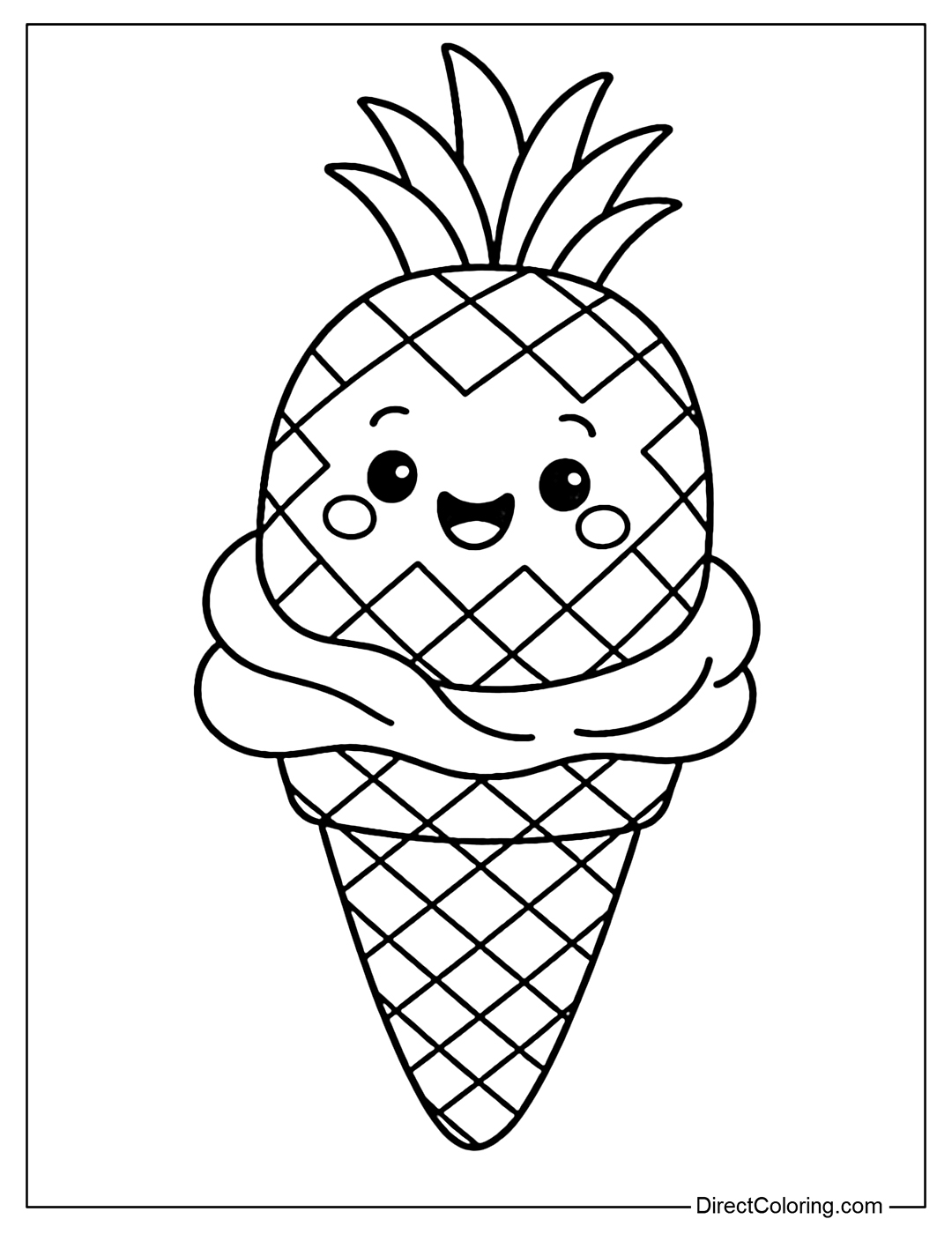 A pineapple ice cream coloring page in the shape of an ice cream cone.