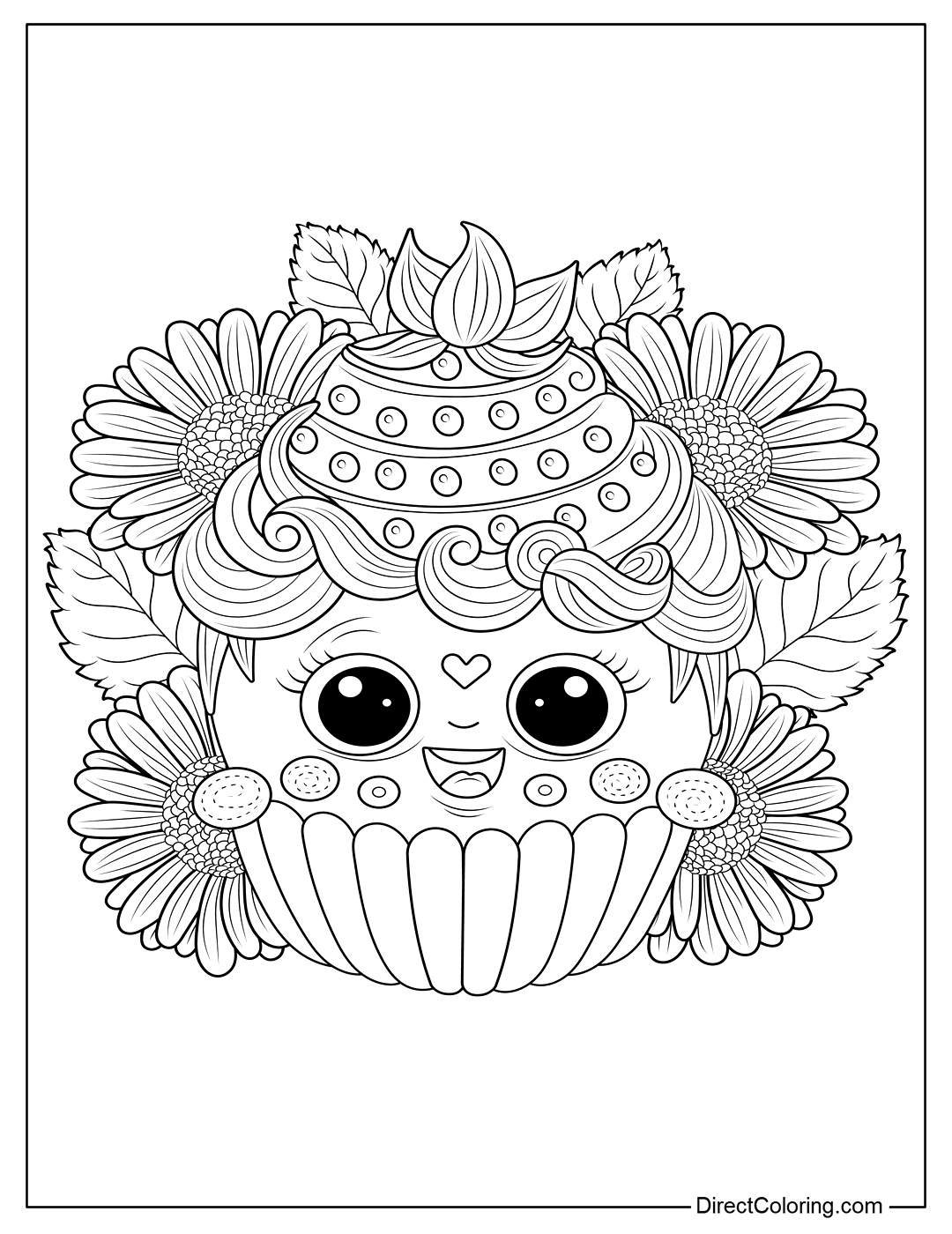 Kawaii Cupcake with Swirling Frosting Coloring