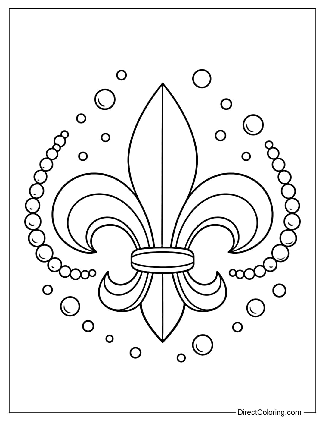 A coloring page with a large fleur-de-lis symbol in the center, surrounded by beads and polka dots.