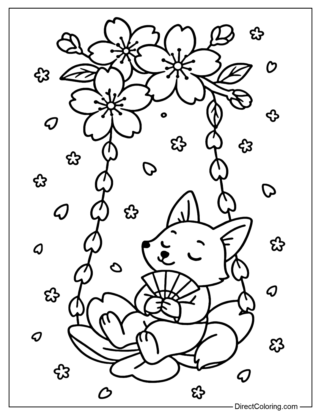 Coloring page of a cherry blossom swing flying in the spring sky, a little fox holding a paper fan watching the flowers fall.