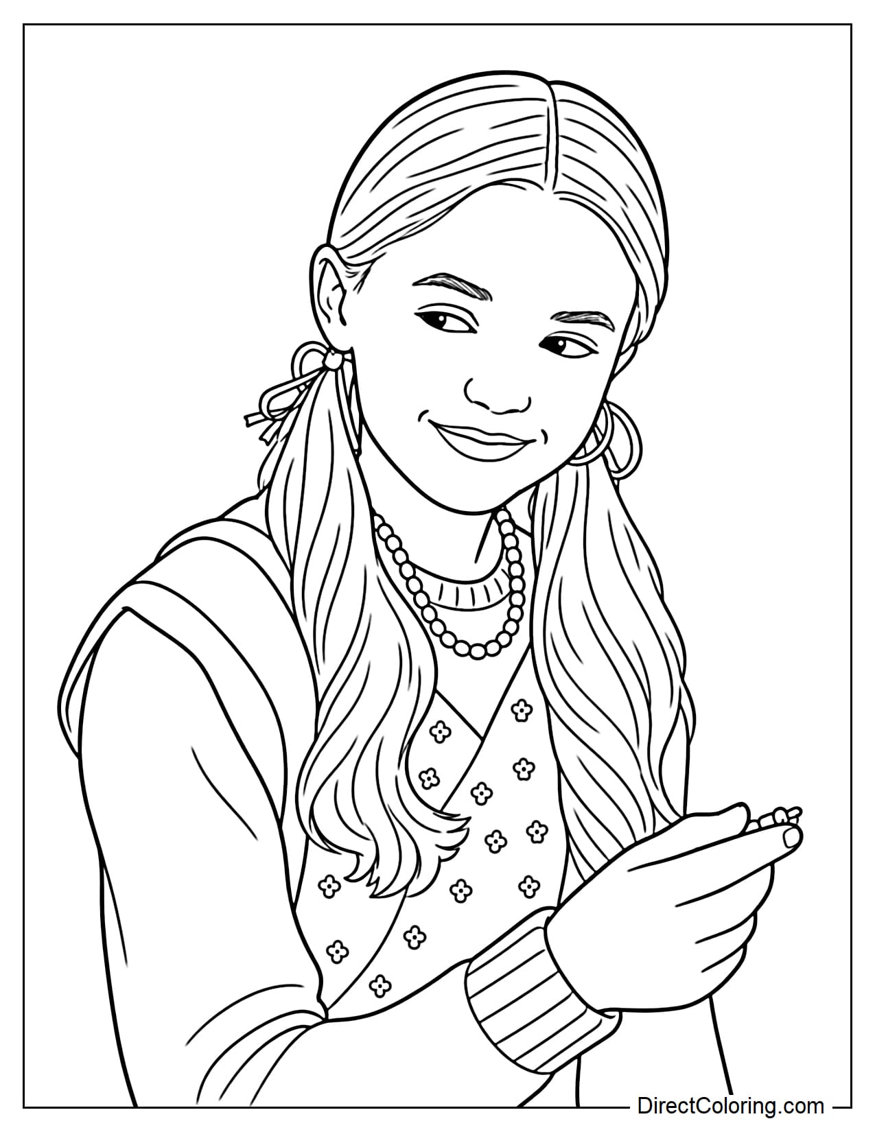 Angela smiles while holding a pencil, wearing a stylish layered outfit and pigtails that reflect her confident high-school look from Stranger Things.