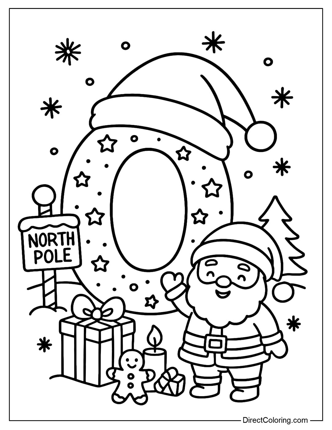 Coloring page Letter O Christmas wearing Santa hat, next to the sign 