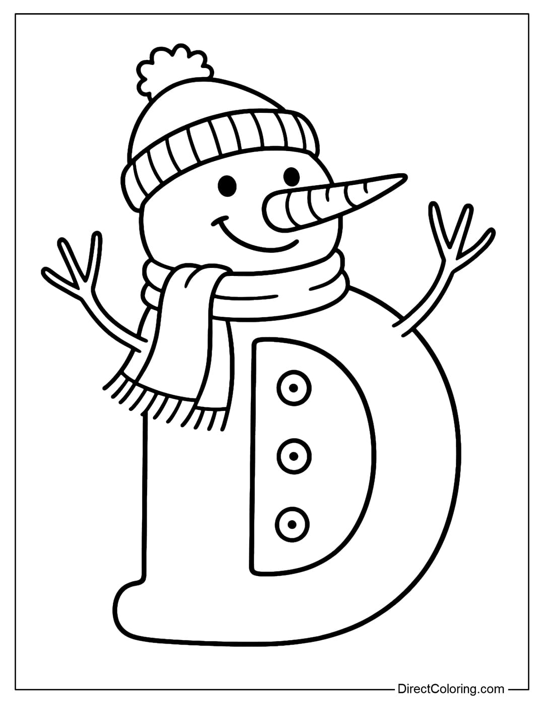 Letter D Christmas coloring page with a carrot nose attached to the middle, a woolen hat on the head, a scarf around the neck, and round buttons along the body of the letter, and two branches as raised hands.