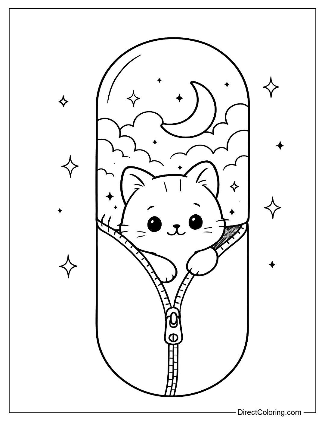 Coloring page of a kitten pulling the capsule zipper like a sleeping bag, revealing the starry sky behind