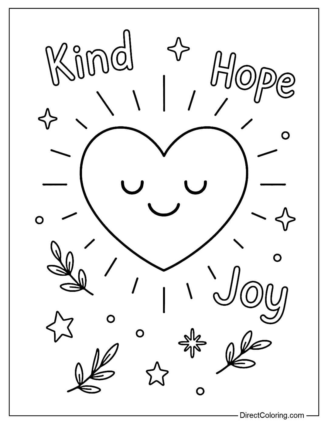 A heart coloring page that glows softly from within, surrounded by words like 