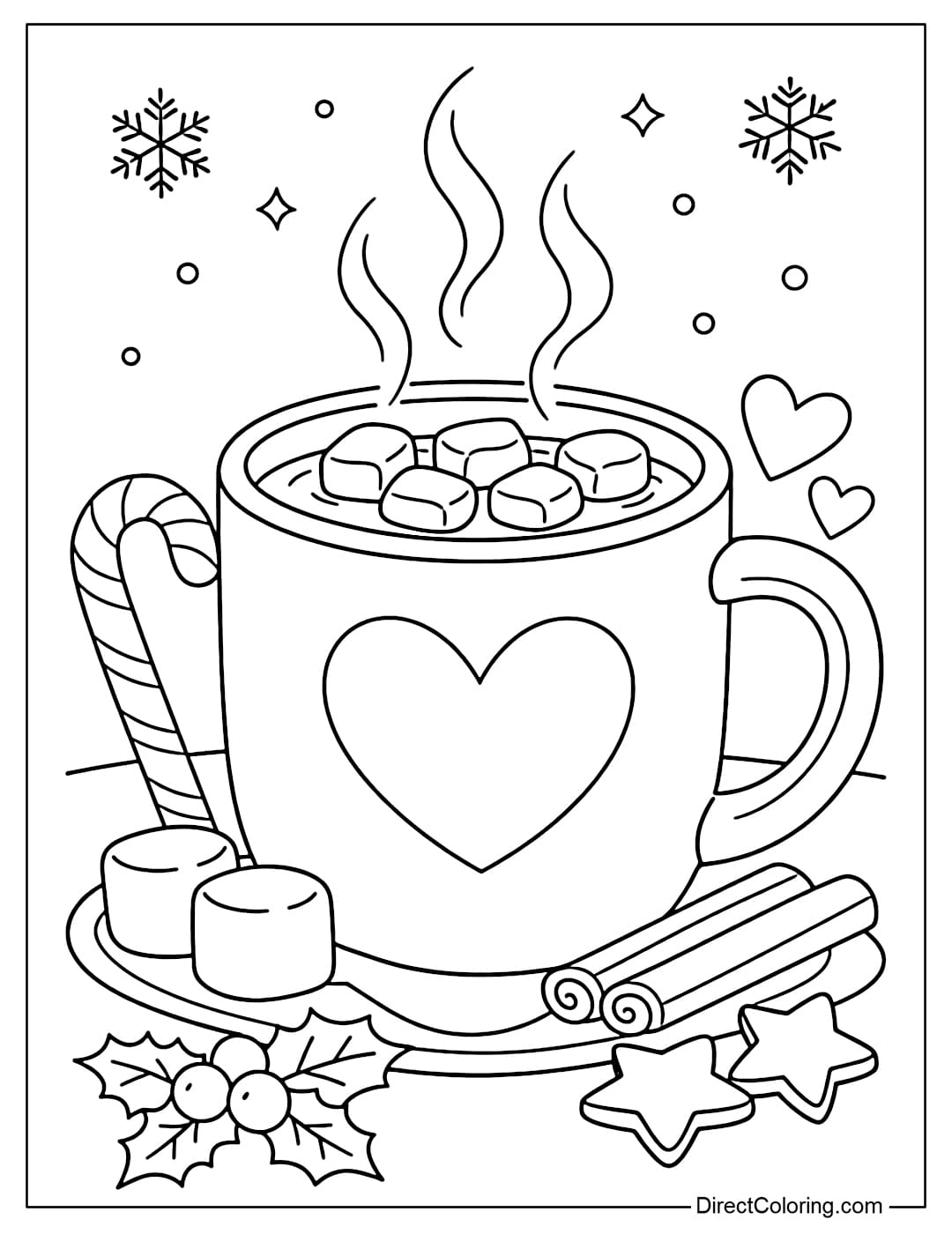 Coloring page of a steaming hot cup of cocoa, decorated with hearts and marshmallows, evoking a warm winter feeling.